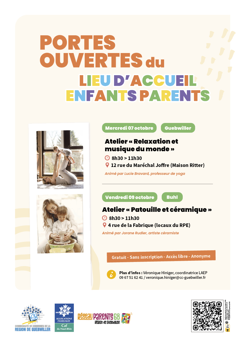 Affiche des portes ouvertes 2026 du Lieu d'Accueil Enfants Parent, un service public de la Communauté de Communes de la Région de Guebwiller
